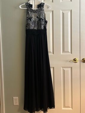 Eliza J Black Dress with Silver Lace Accents